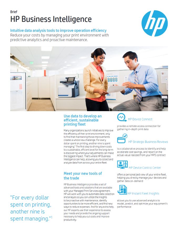 HP Business Intelligence Brochure Cover, HP, Hewlett Packard, Brandon Business Machines, Copiers, Printers, MFP, Kyocera, Copystar, HP, KIP, FL, Florida, Service, Supplies, Sales