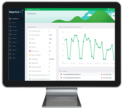 Dashboard Computer Monitor, Papercut MF, Brandon Business Machines, Copiers, Printers, MFP, Kyocera, Copystar, HP, KIP, FL, Florida, Service, Supplies, Sales