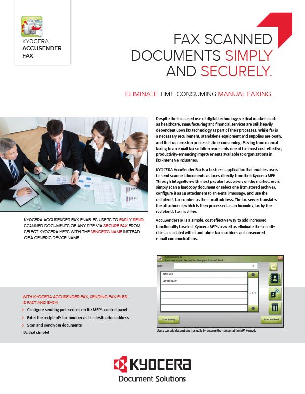 Kyocera Software Capture And Distribution Accusender Fax Brochure Thumb, Brandon Business Machines, Copiers, Printers, MFP, Kyocera, Copystar, HP, KIP, FL, Florida, Service, Supplies, Sales