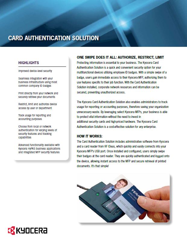 Kyocera Software Cost Control And Security Card Authentication Data Sheet Thumb, Brandon Business Machines, Copiers, Printers, MFP, Kyocera, Copystar, HP, KIP, FL, Florida, Service, Supplies, Sales