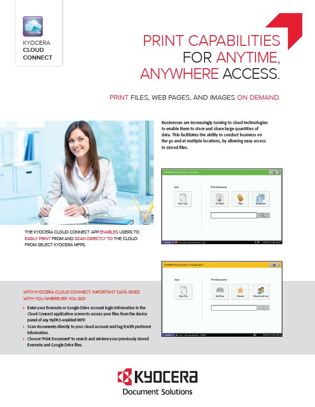 Kyocera Software Mobile And Cloud Kyocera Cloud Connect Data Sheet Thumb, Brandon Business Machines, Copiers, Printers, MFP, Kyocera, Copystar, HP, KIP, FL, Florida, Service, Supplies, Sales