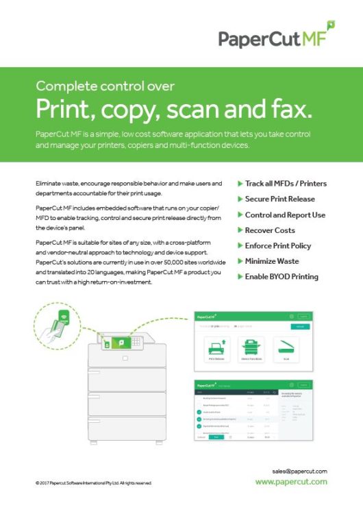 Fact Sheet Cover, Papercut MF, Brandon Business Machines, Copiers, Printers, MFP, Kyocera, Copystar, HP, KIP, FL, Florida, Service, Supplies, Sales