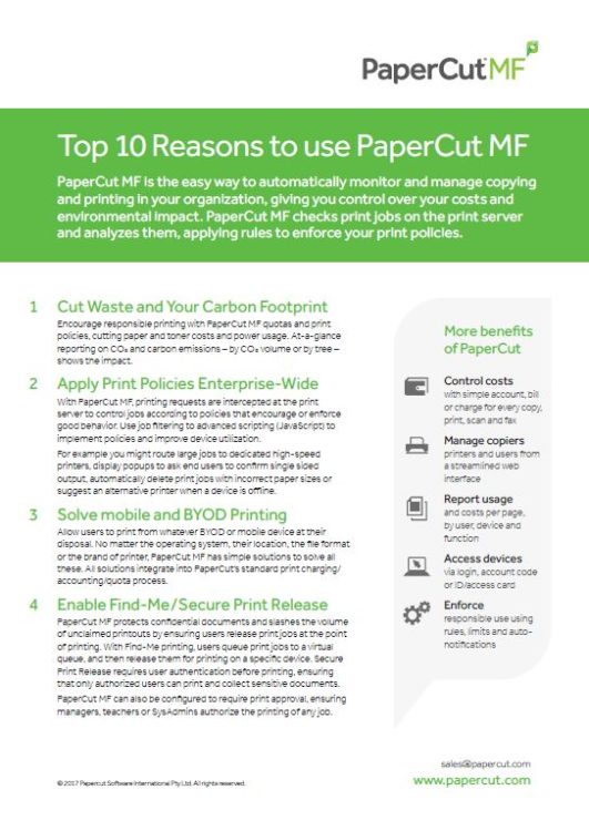Top 10 Reasons, Papercut MF, Brandon Business Machines, Copiers, Printers, MFP, Kyocera, Copystar, HP, KIP, FL, Florida, Service, Supplies, Sales